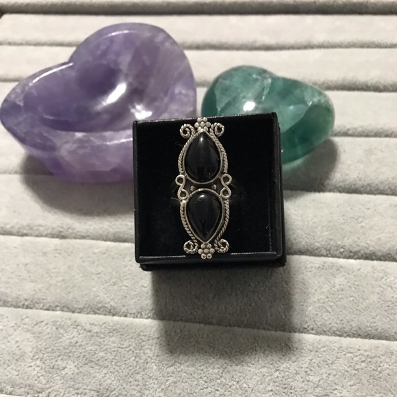 New Genuine Sterling Silver Black Onyx Double Stone Ring Size 8.5-8.75 Crystal - Picture 12 of 16
